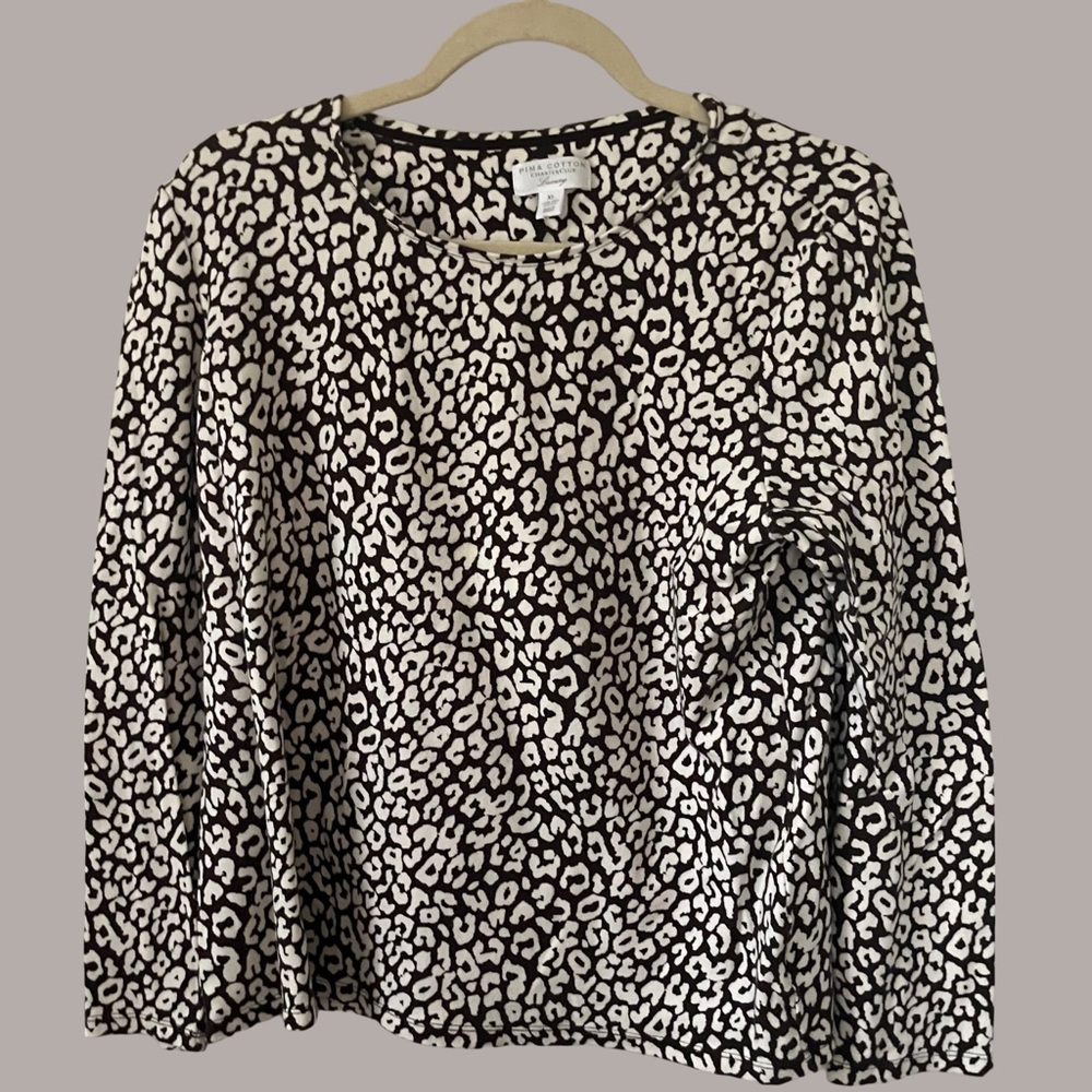 Charter Club Brown and White Animal Print Long Sleeve Top